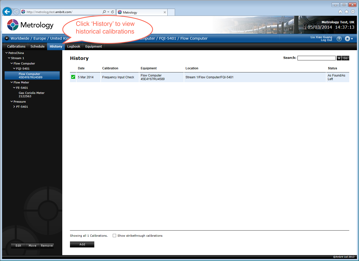 Viewing the Calibration History Metrology Manual