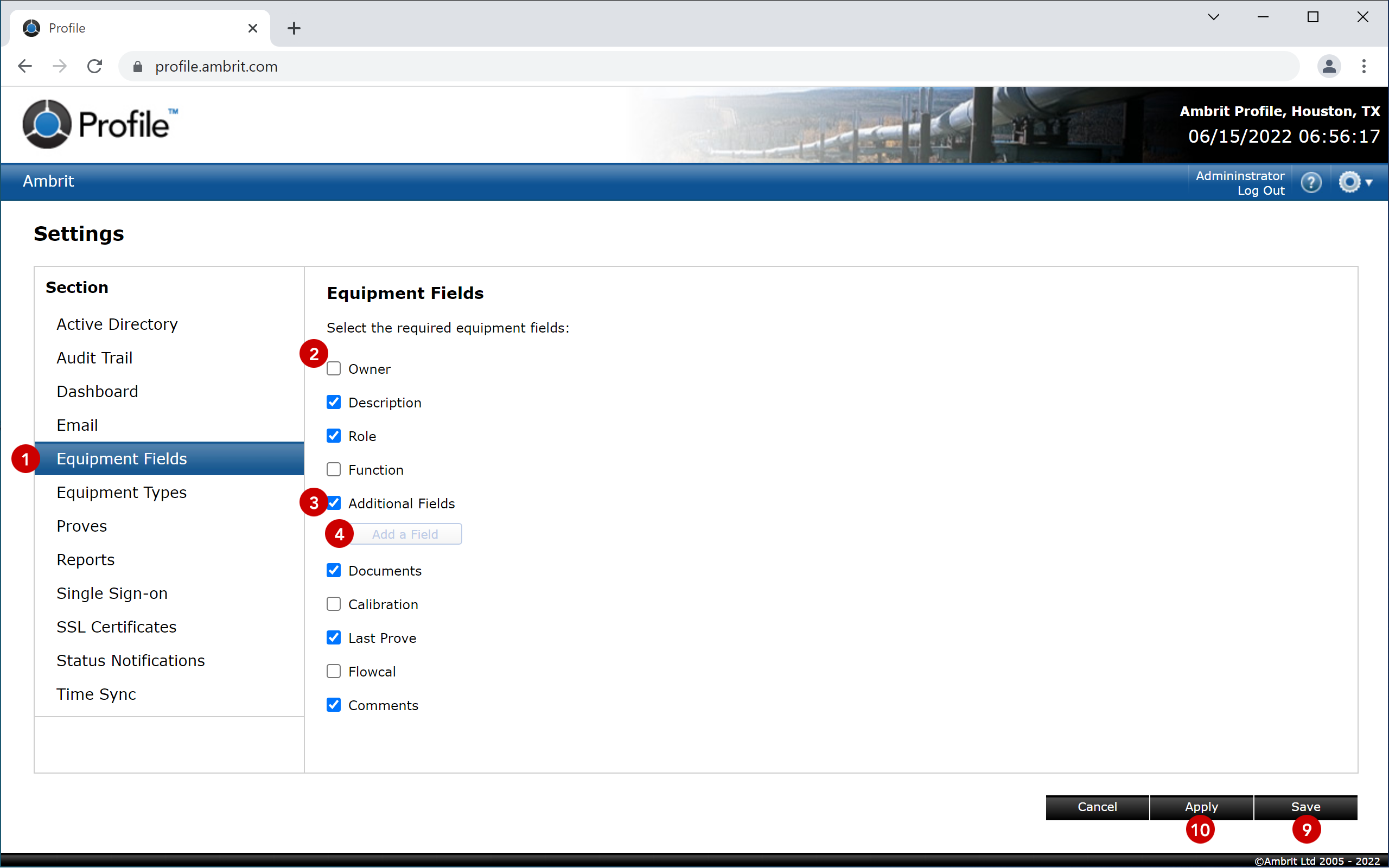 Equipment Fields Settings