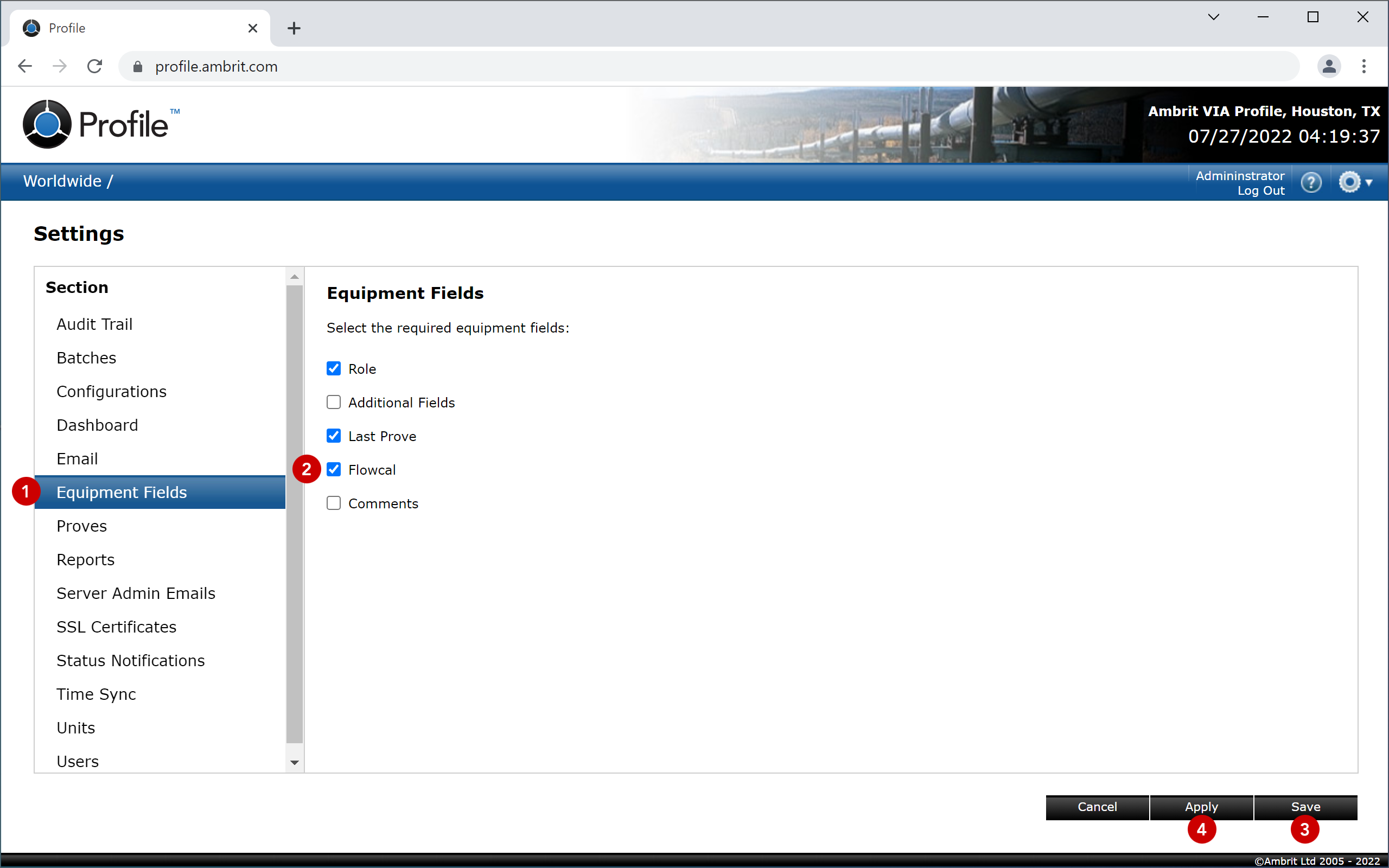 Enabling FLOWCAL Equipment Fields - Profile SCADA User Manual